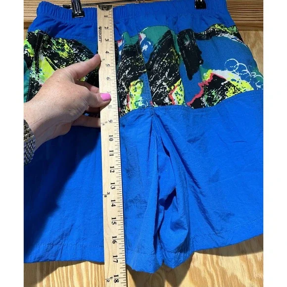 Vintage 90s OP Ocean Pacific Blue Neon Graphic Swim Trunk Shorts NOS Size Medium